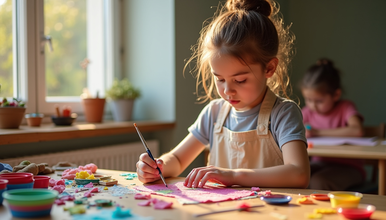 Apprenante en formation art-thérapie à Koréva, en atelier pratique avec des matériaux colorés