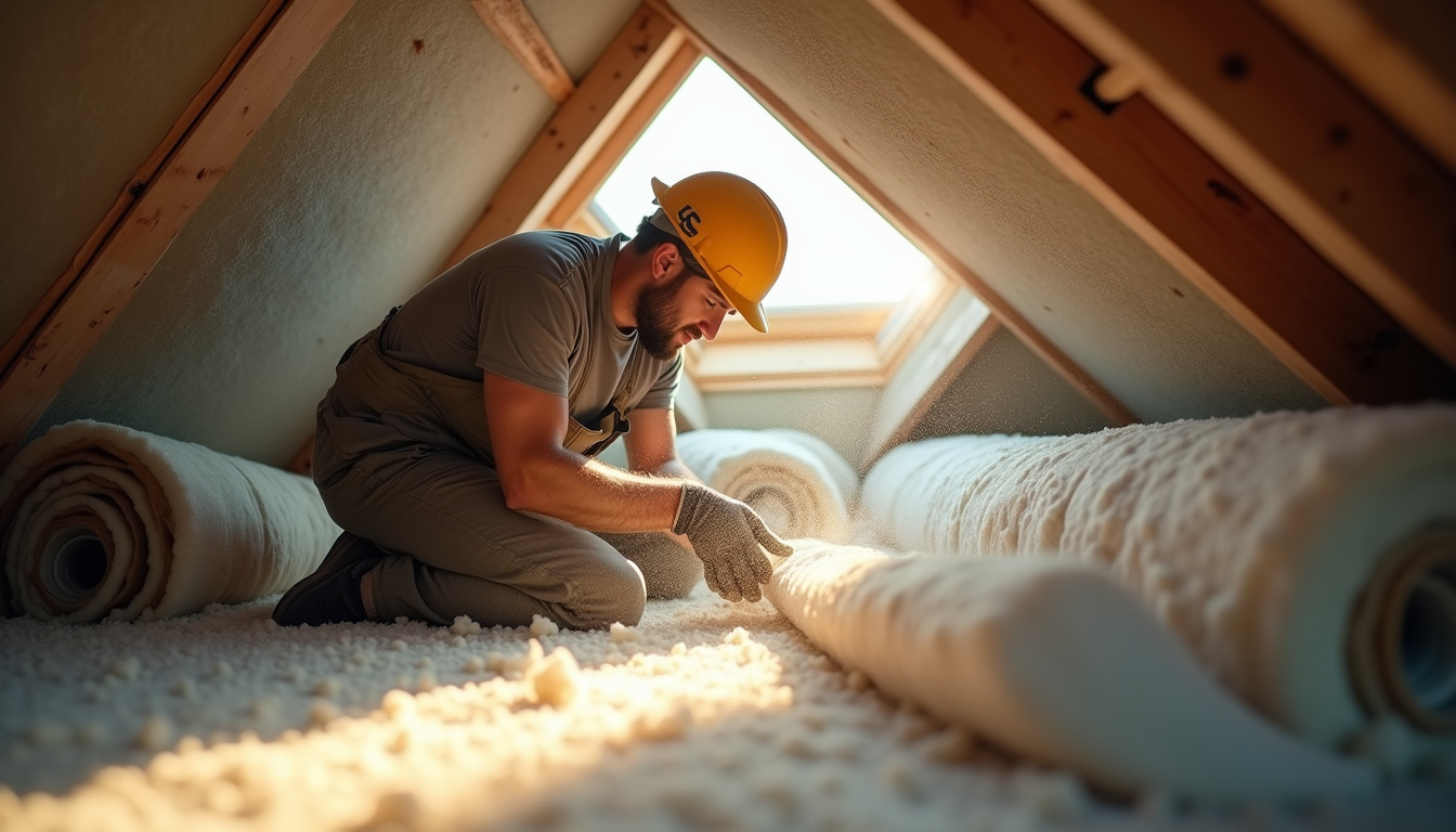 Artisan RGE en train d’installer une isolation thermique dans un grenier