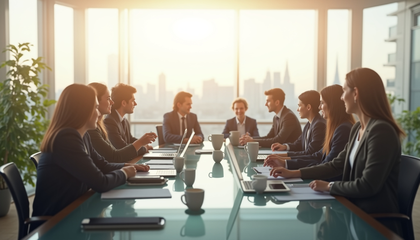 Équipe de professionnels en réunion stratégique dans un bureau moderne – média business academon.fr