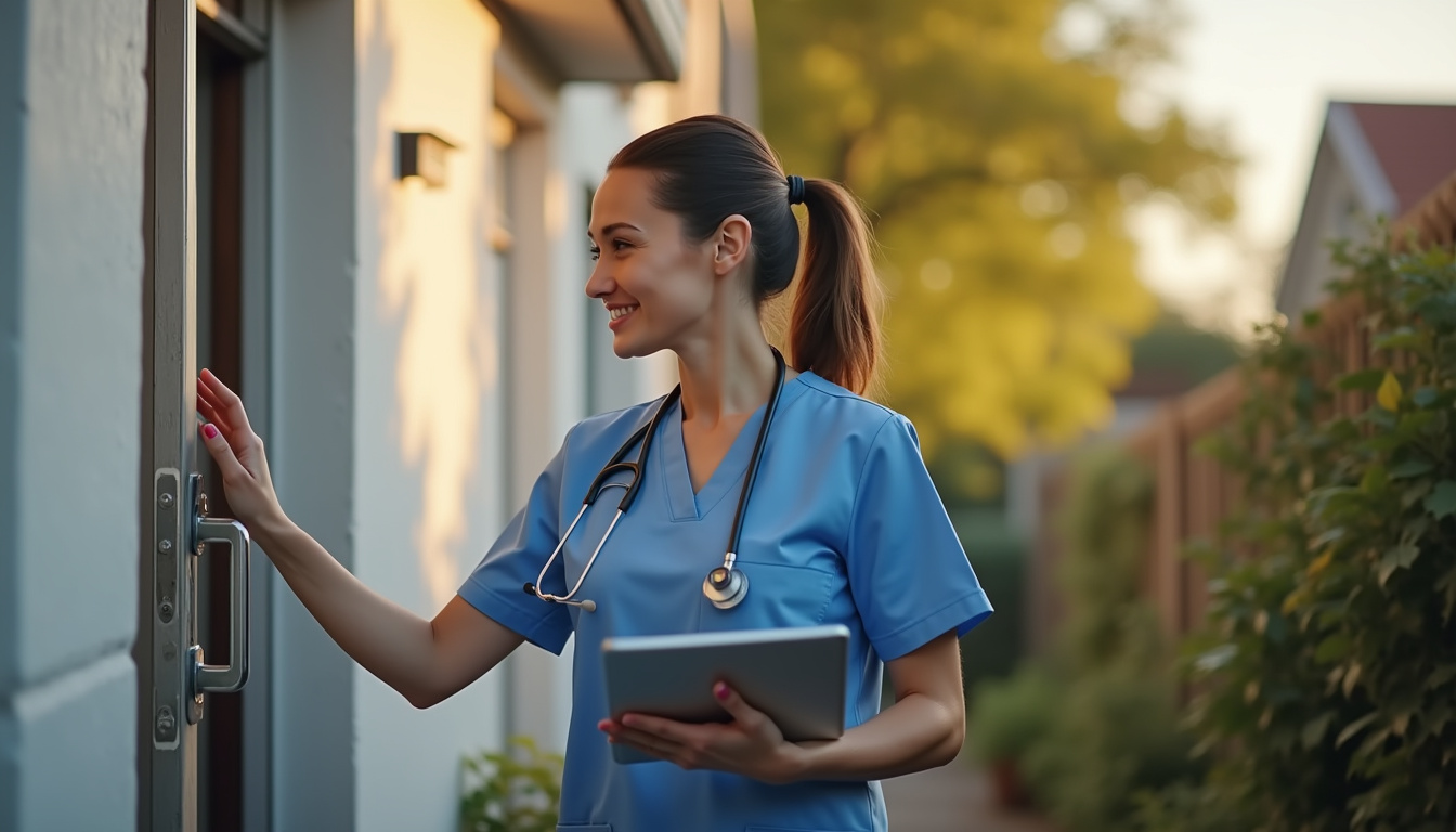 Infirmière utilisant une tablette pour consulter son planning durant une tournée à domicile