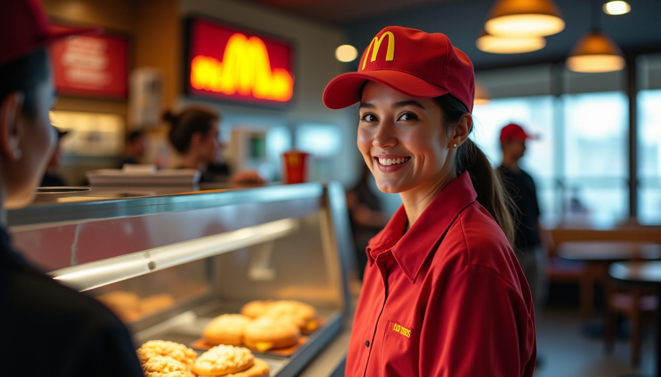 Un équipier polyvalent sert un client au comptoir d’un McDonald’s en milieu de journée