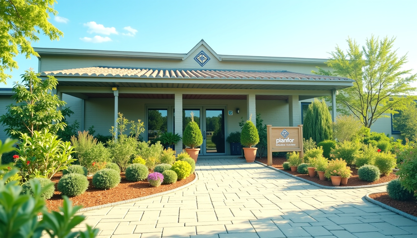 Vitrine de la pépinière Planfor à Uchacq-et-Parentis, montrant une façade professionnelle et bien entretenue