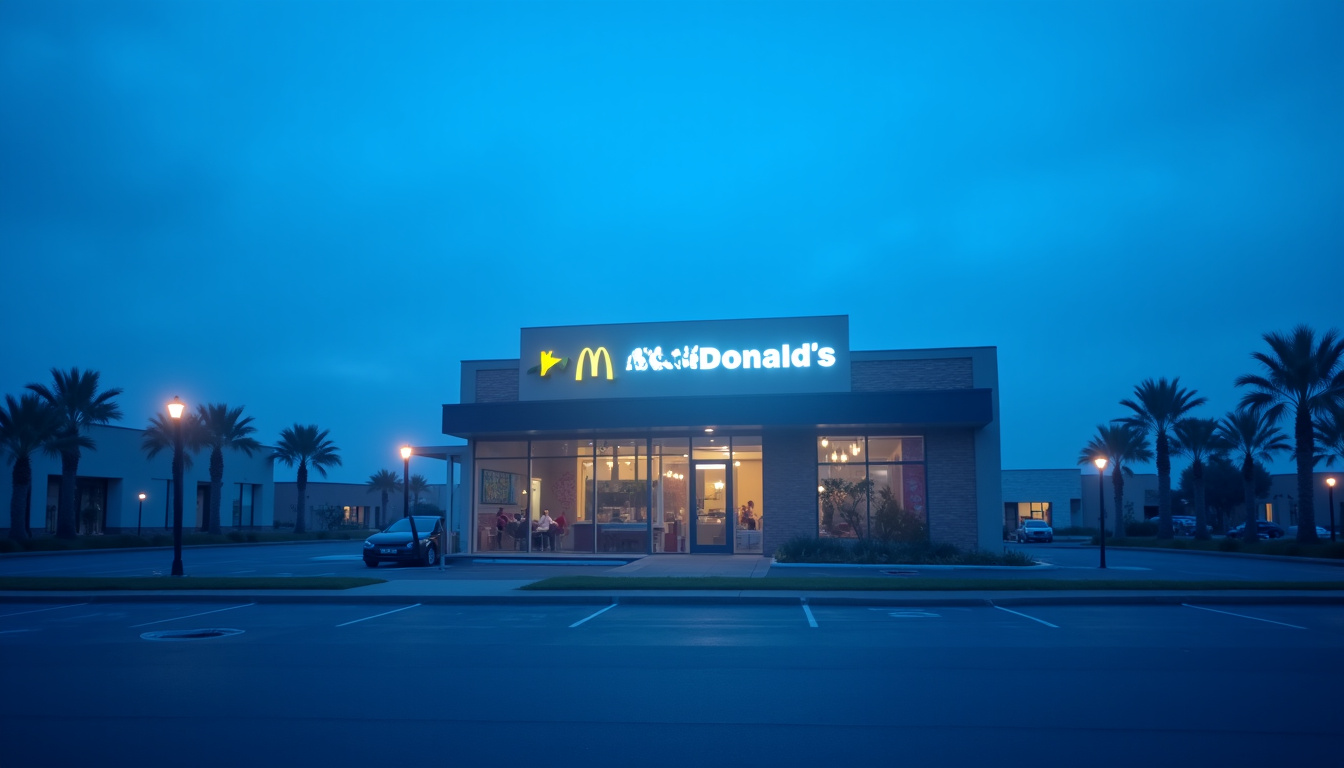 Vue extérieure d’un restaurant McDonald’s dans une zone commerciale en périphérie urbaine