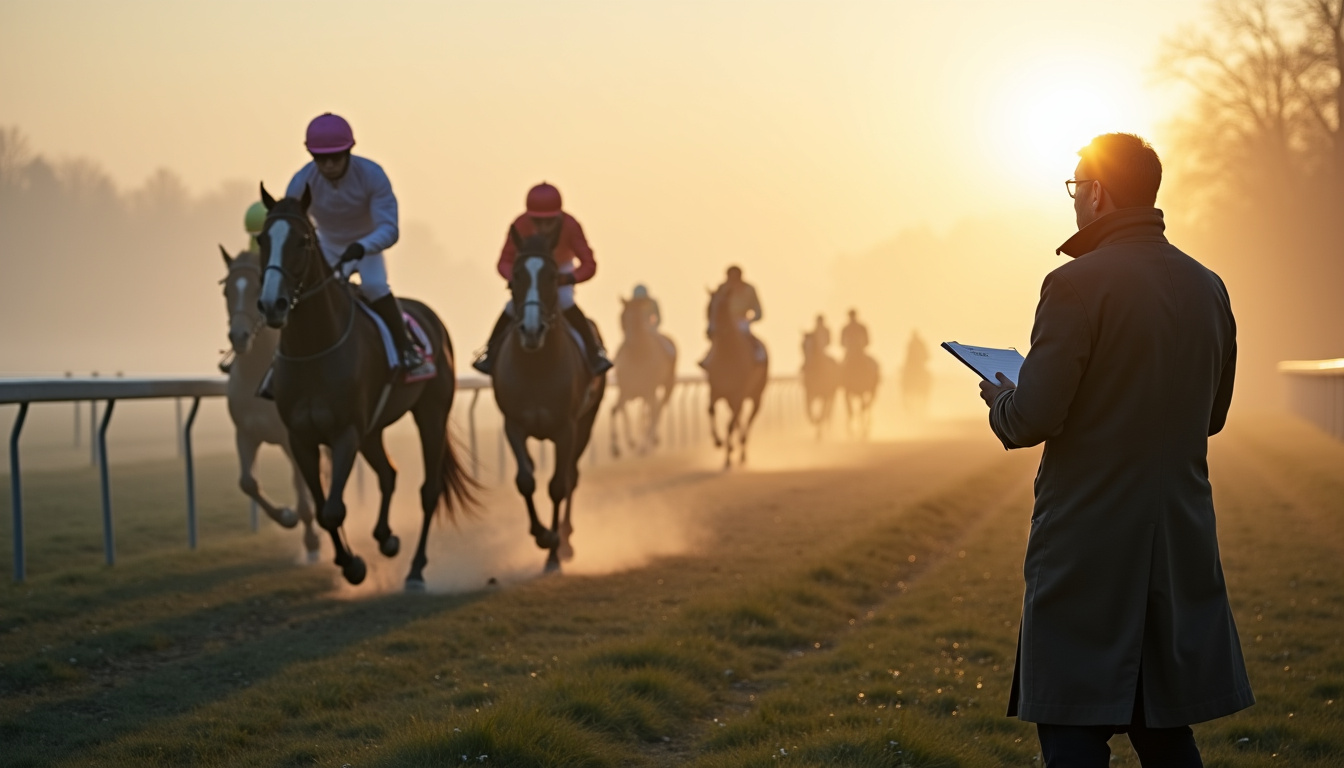 Chevaux en entraînement au petit matin à l’hippodrome d’Argentan, observés par un journaliste turfiste