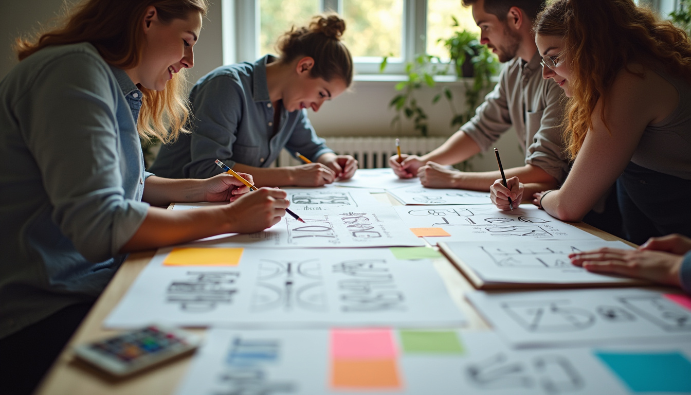 Graphistes travaillant ensemble sur la conception du logo France Travail