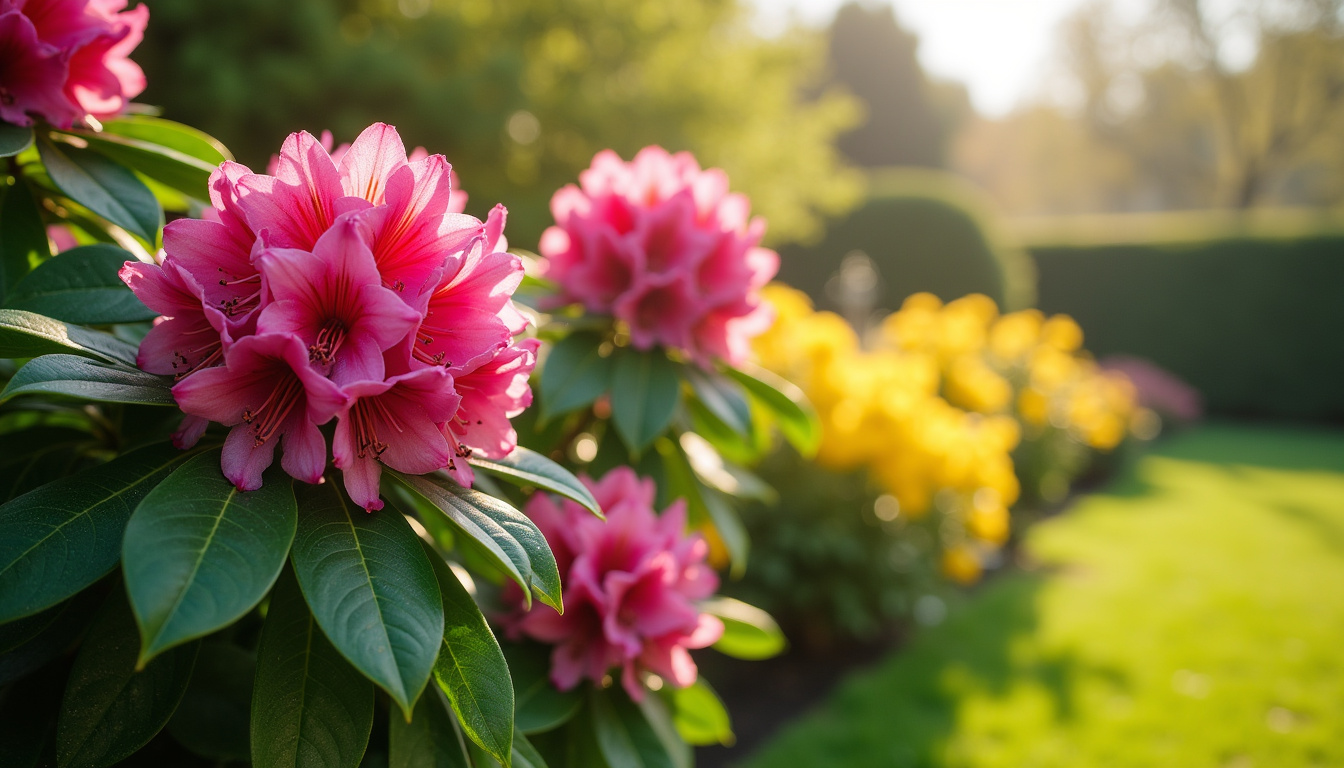 Jardin bien entretenu avec rhododendron et renoncule en pleine floraison