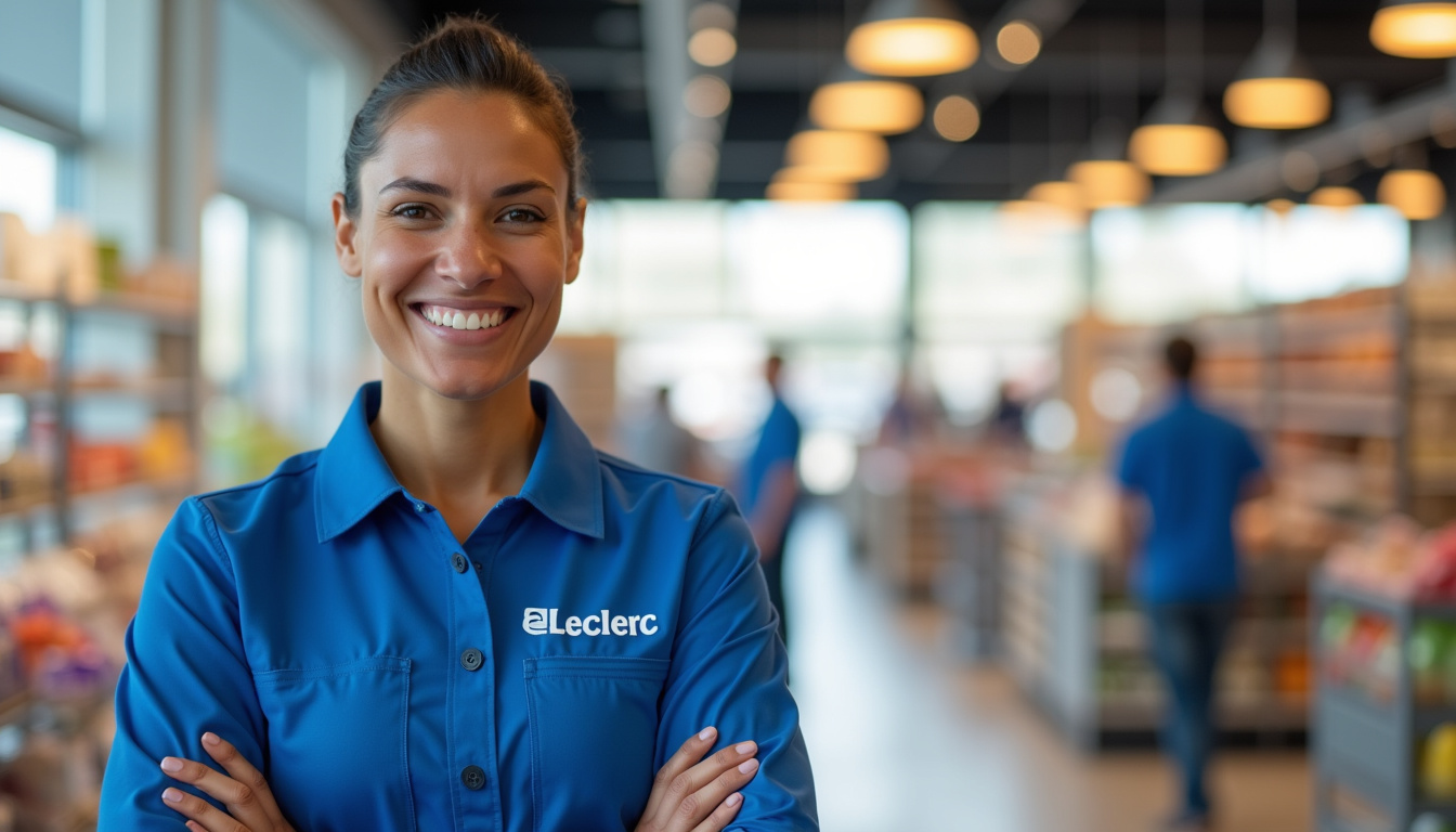 Portrait d’un employé E.Leclerc en uniforme, souriant, dans un magasin en arrière-plan