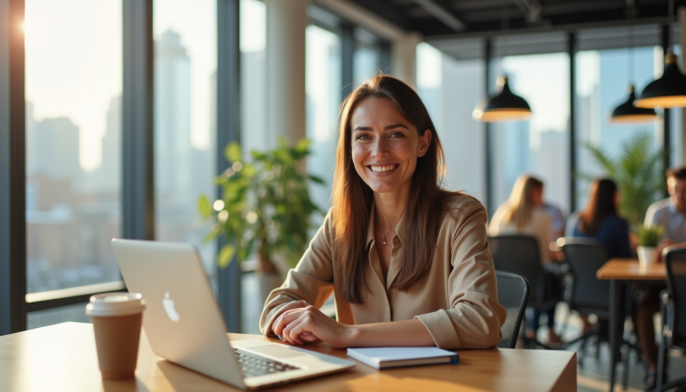 Portrait d'une entrepreneure dans un espace de coworking moderne au sein d'une zone business