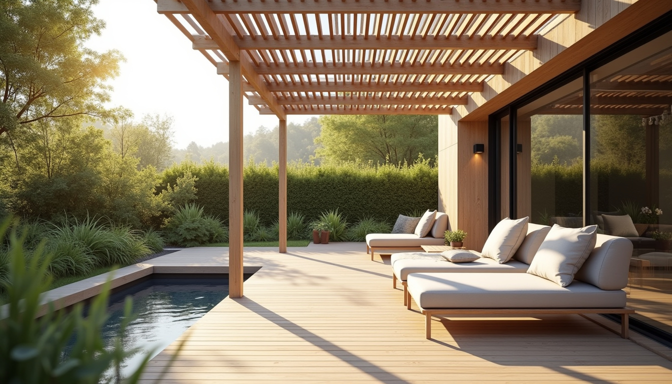 Terrasse en bois avec pergola bioclimatique et mobilier d'extérieur moderne