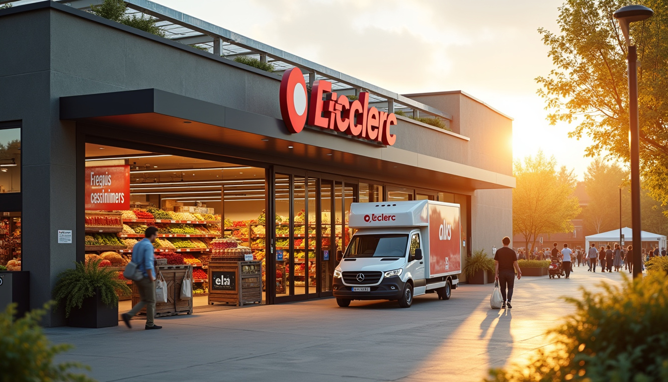 Vue d’un magasin E.Leclerc moderne avec station de retrait drive et produits locaux en avant
