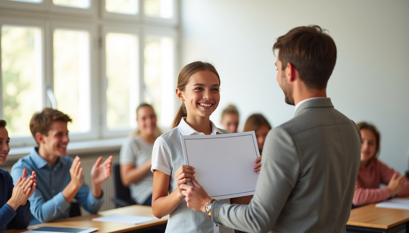 Étudiant recevant un certificat de français professionnel après un examen