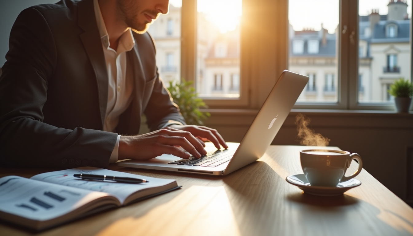 Freelance consultant son tableau de bord financier sur ordinateur portable à Paris