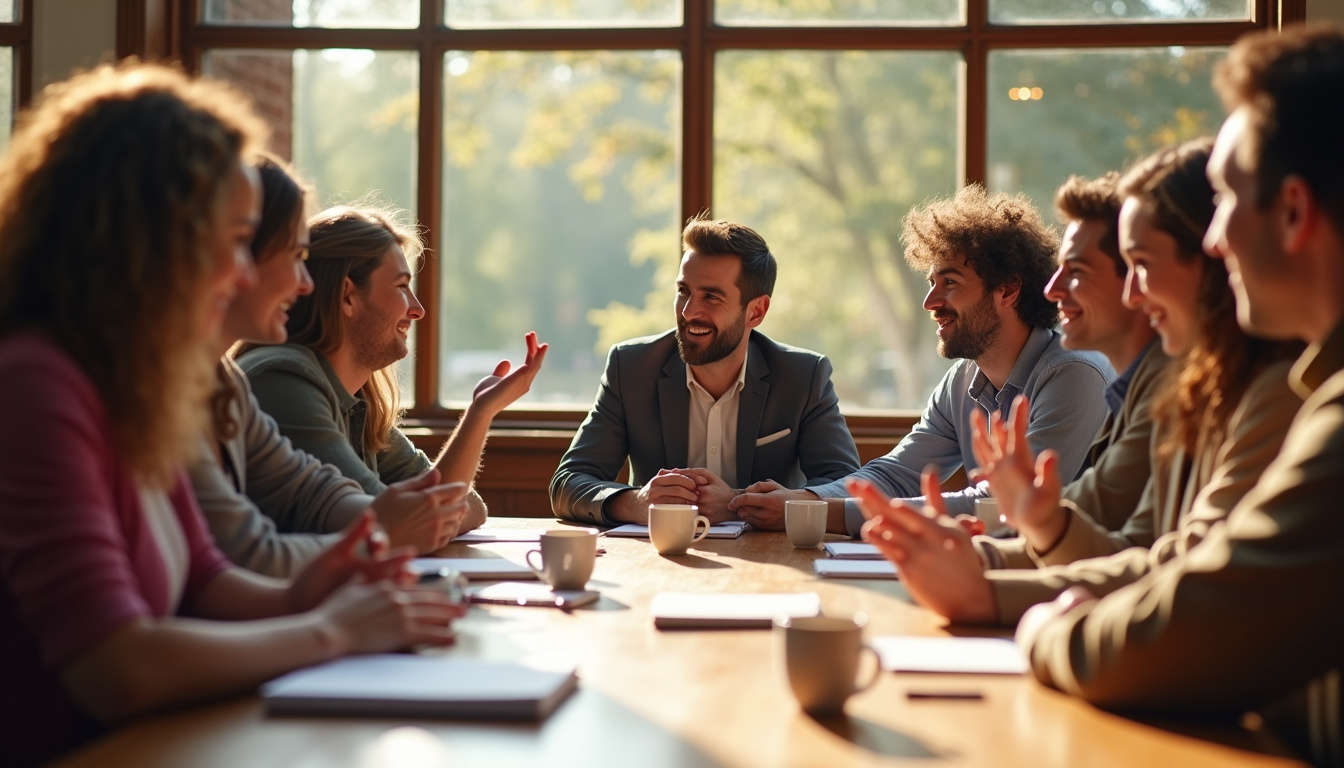 Groupe d'acteurs locaux en réunion autour d'une table ronde sur l'engagement citoyen