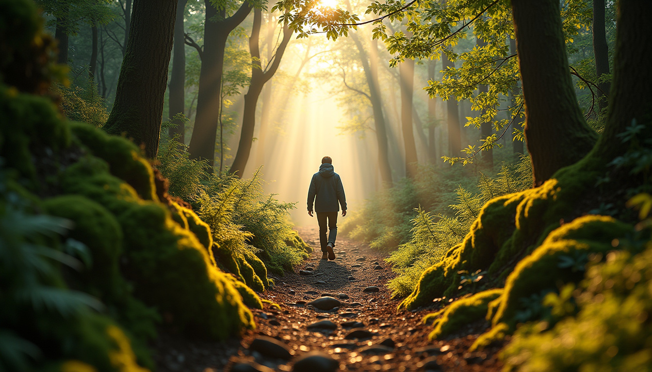 Personne marchant lentement sur un sentier en forêt, symbolisant l'approche progressive du développement personnel sur positivia.fr