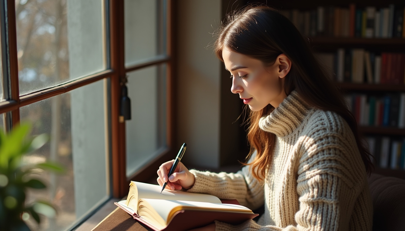 Sarah, autrice principale de positivia.fr, prenant des notes dans un carnet à la lumière naturelle d'une fenêtre